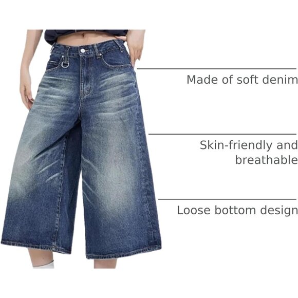 Baggy Wide Leg Cropped Denim Jeans for Women Men Casual Summer Clothes - Picture 4 of 7